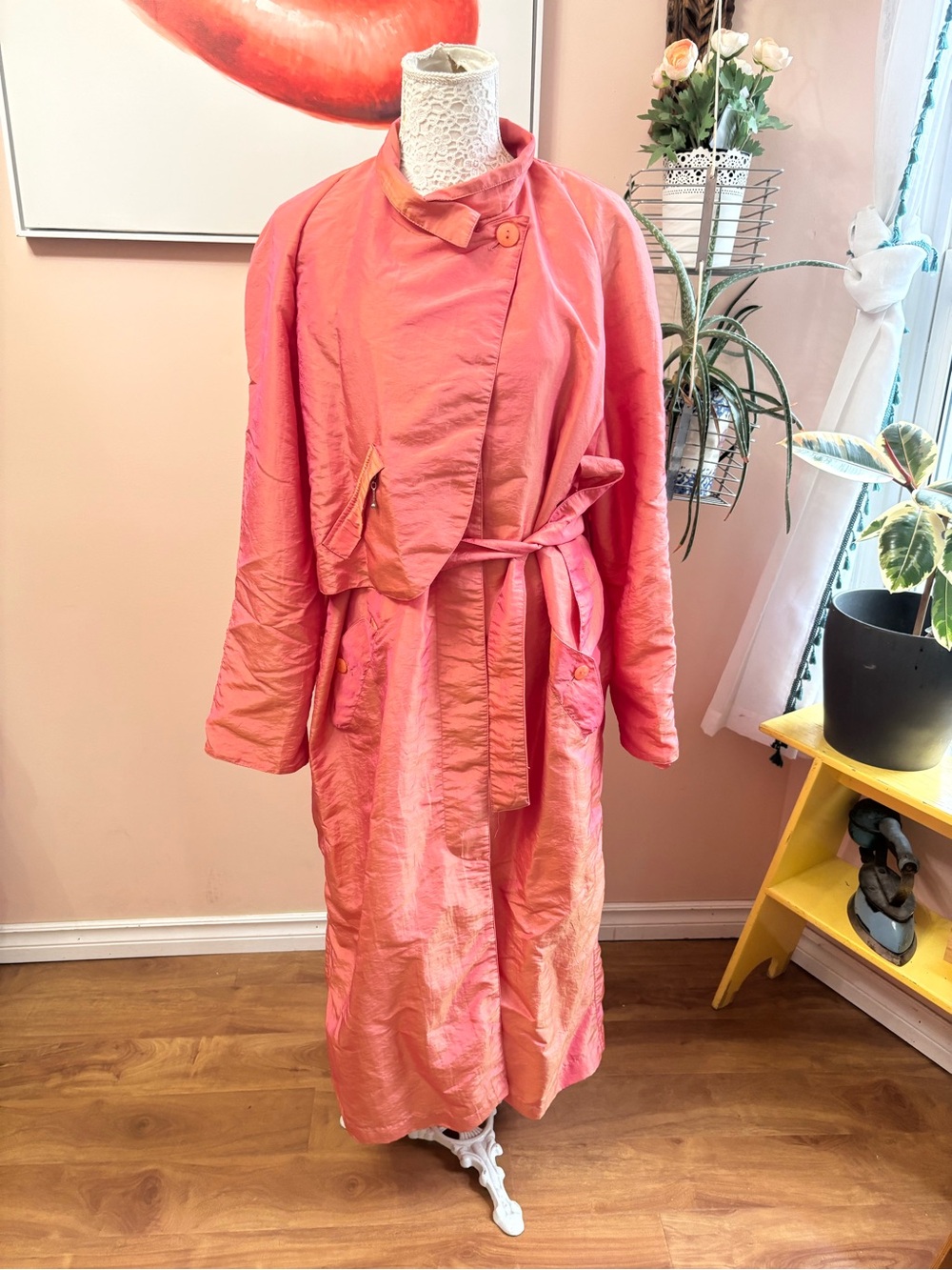 Vintage 80s Unique Oversized Iridescent Coral Belted Robe Coat with High Neck